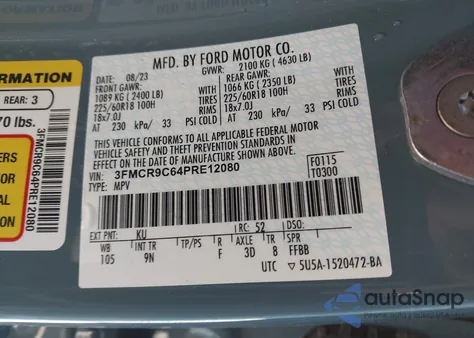 2023 Ford Bronco Sport Outer Banks z USA, uszkodzony, nr VIN 3FMCR9C64PRE12080